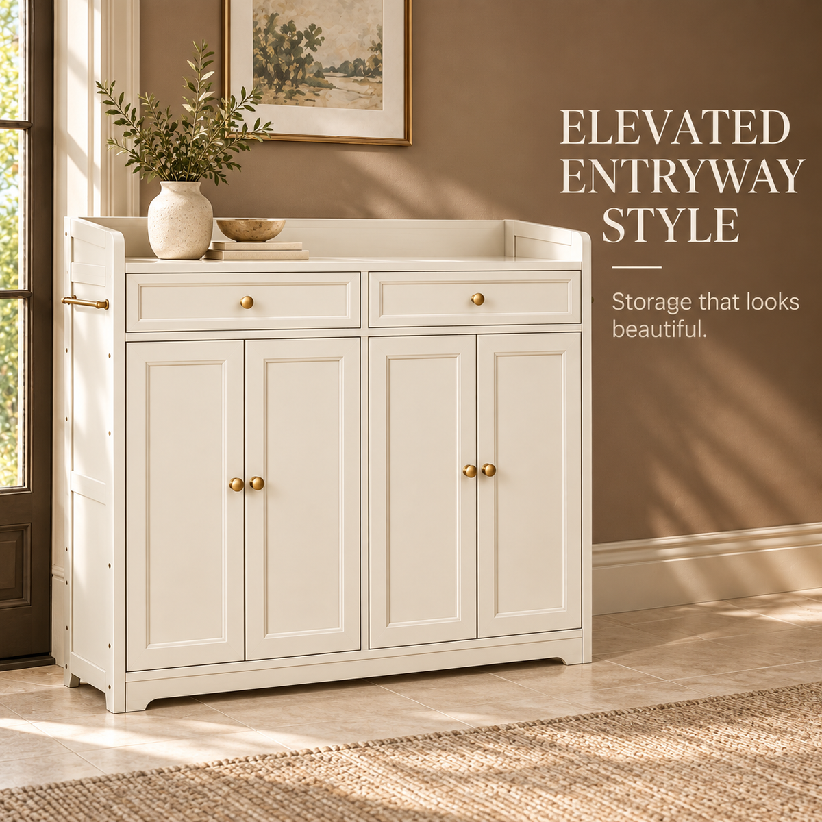 Cream Framed Door Shoe Cabinet with Drawers