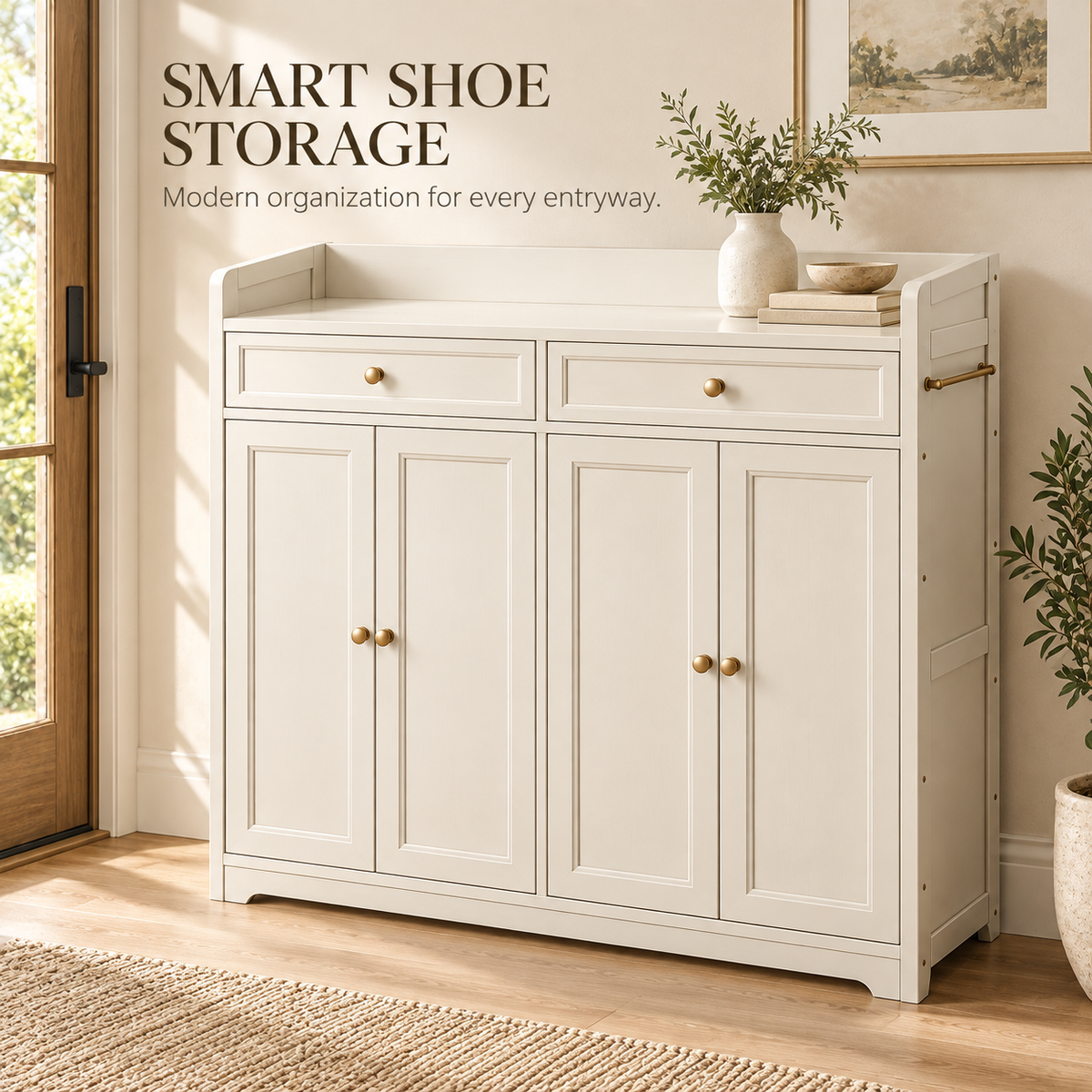 Cream Framed Door Shoe Cabinet with Drawers
