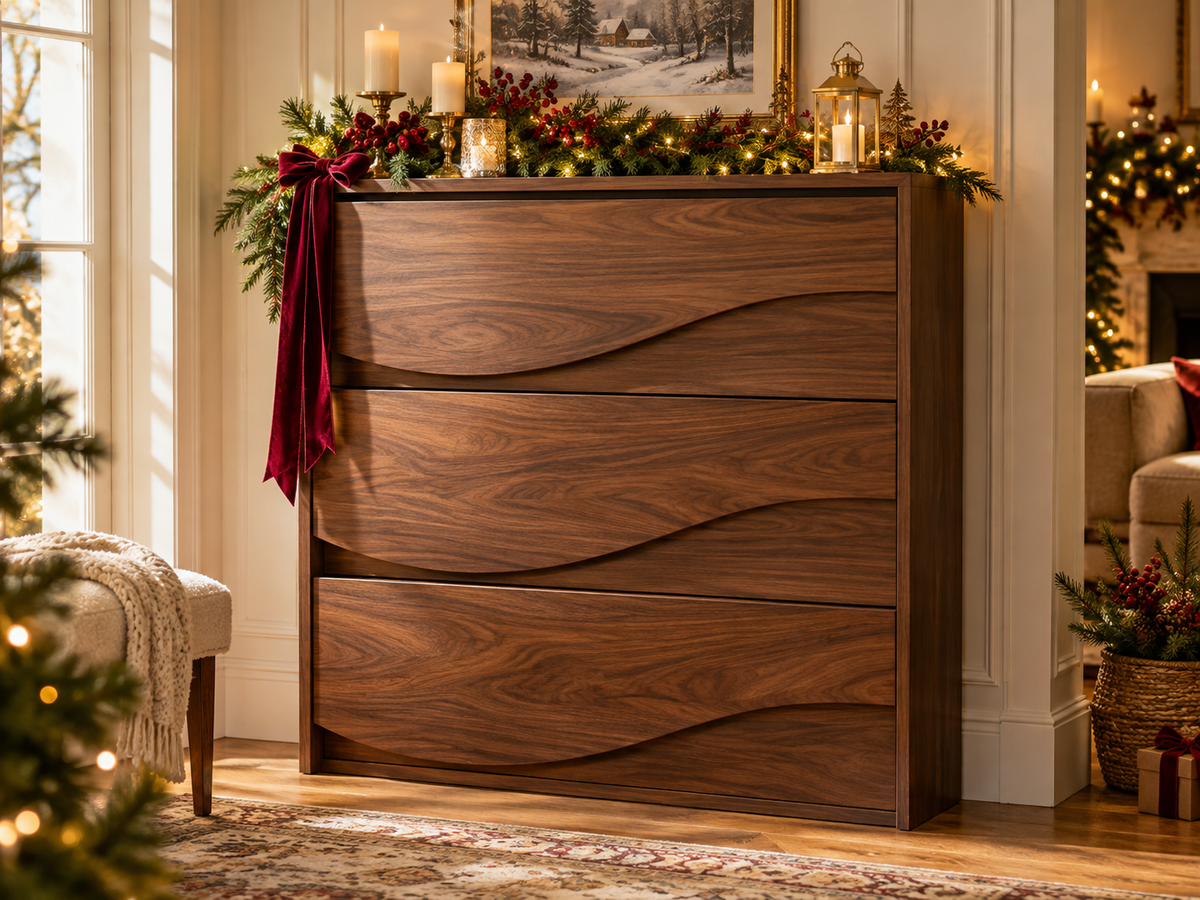 Walnut-tone shoe cabinet with Christmas greenery and warm lights