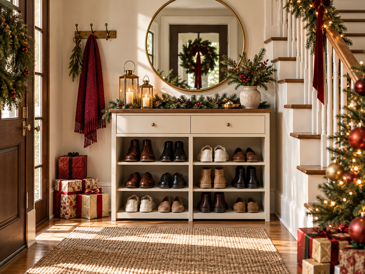 A welcoming Christmas entryway with shoe storage and seasonal decorations