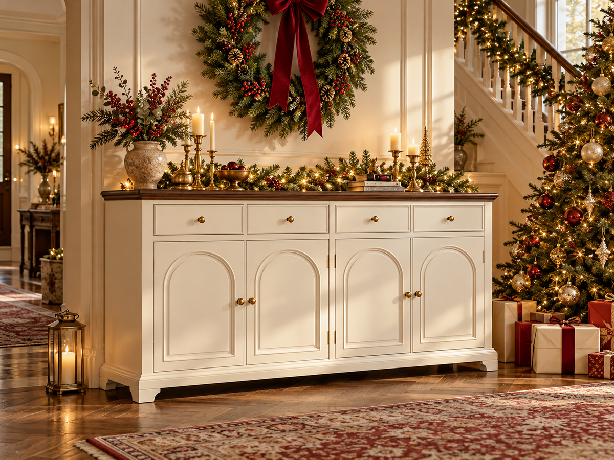 Cream shoe cabinet styled with festive garlands and wrapped gifts